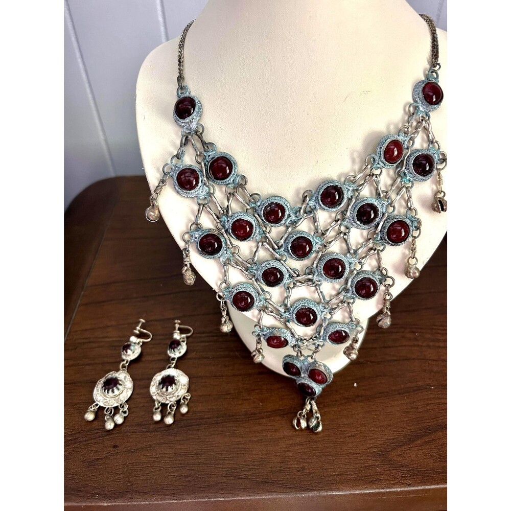 Vintage India Bellydancing Chainmail Bib Necklace and Earring Set